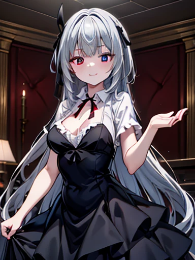 super high quality、indoor、(masterpiece)、Valentine、Are standing、Mouth closed、smile、Luminous Valentine、Silver Hair、Waist-length hair, (blue eyes:1.2), Heterochromia iridis, (Red eyes:1.3),Black Dress、Black Ribbon、grassland、Black Dress、Place your hand on your chest,Large Breasts