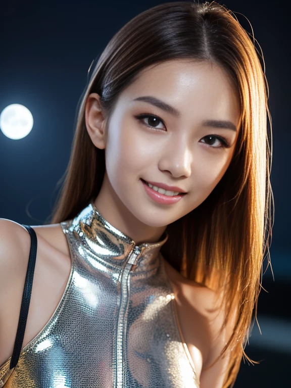 Latex bodysuit、Knee-high boots、Huge 、Long brown hair、Shiny, Oily skin、Glowing Skin、Indoor competition pool、White skin、 Body Portrait, 8k, Narrow and beautiful eyes, Dindal effect, masterpiece, 最high quality, high quality, High resolution, Very detailed photos, (Natural skin texture, Fine skin, Hyperrealism, Ultra Sharpness) , Skin with attention to detail, (Very fine, Fine skin texture, Intricate details, Beautiful Face, (A vivid face), Realistic eyes, Beautiful and detailed, Realistic Skin, Beautiful Skin, surreal, Very detailed, Golden Ratio, Smiling Eyes, ((Night moonlight background)), Body Portrait, glamorous, Shiny Bodysuit