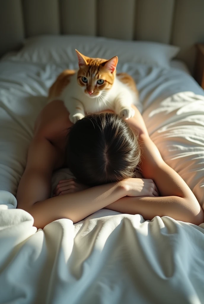 A woman is sleeping on the bed and her pet dog enters her buttocks.