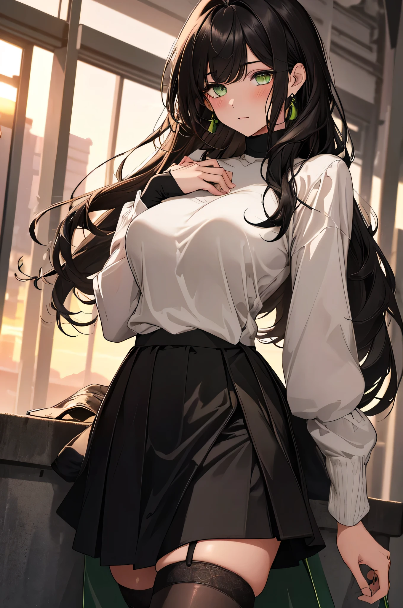 (top quality, masterpiece, high quality, ultra-delicate), ((beautiful girl)), ((Dark black hair)), mature, graceful curves, (long hair, long bangs), ((bright green eyes)), detailed eyes, modern clothing, bangs, fashionable clothing, black collar, ((White Turtle Neck, black Skirt)), ((Black leg Stocking)) casual ribbon,  large breast and chest, charm, fashion, sunset in the background small blush, thick thighs, breast, green earrings, fully body shot.