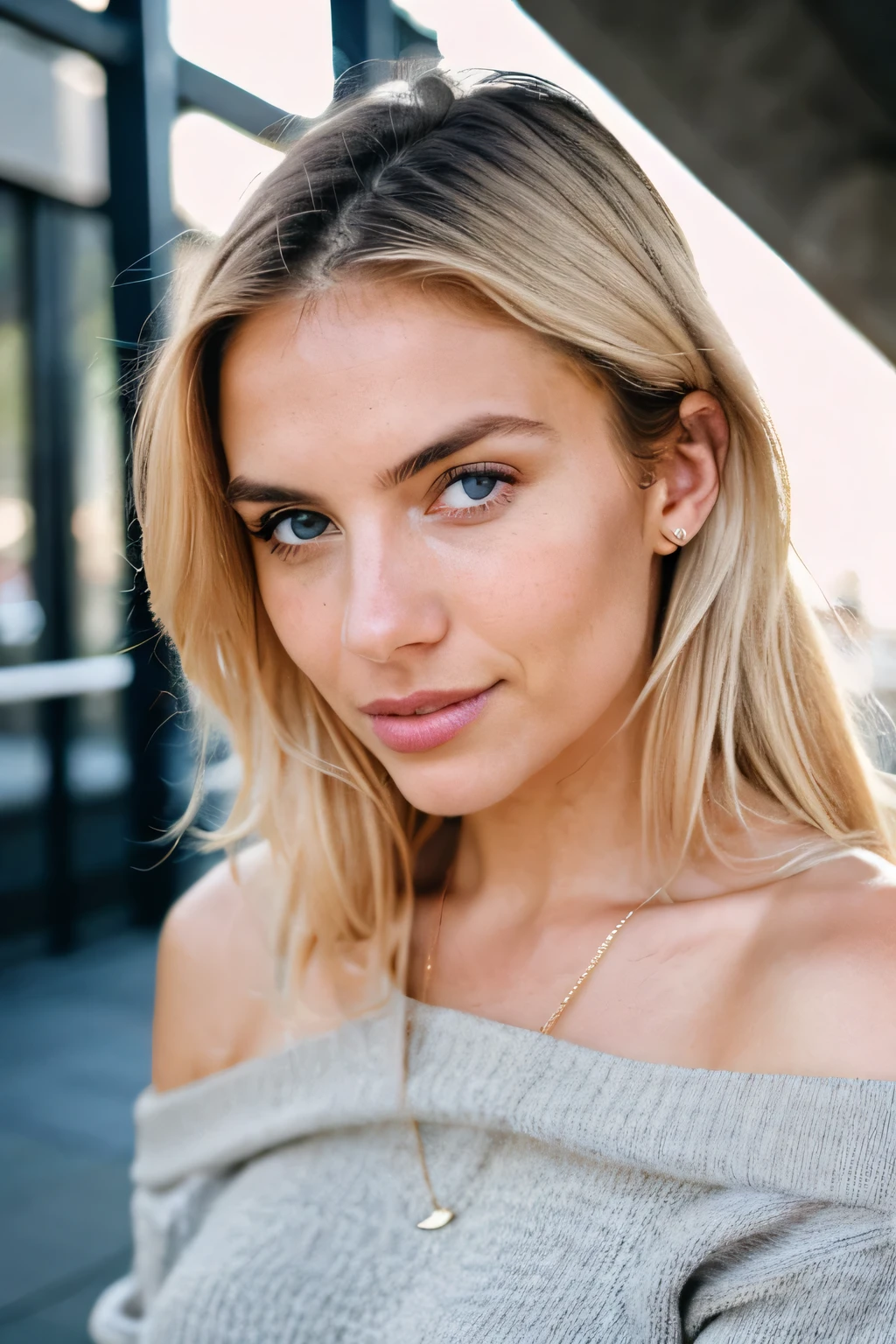 award winning glamour photograph,((best quality)), ((masterpiece)), ((realistic)), piercing eyes, looking straight, very happy, blonde hair, in a outdoor cafe, afternoon light,