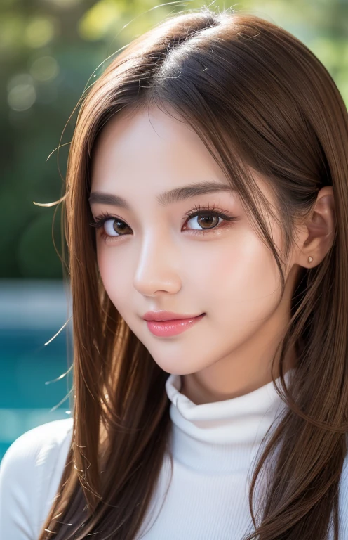 Latex bodysuit、Knee-high boots、Huge 、Long brown hair、Shiny, Oily skin、Glowing Skin、Indoor competition pool、White skin、(RAW Photos), (Realistic), (masterpiece), (Highest quality), High resolution, 8k resolution, (Intricate details), (Lightweight and voluminous), Portraiture, woman, Medium Hair, Straight hair, Layered Hair, Brown Hair, Highly detailed eye, Very thin eyebrows, Highly detailed skin, Highly detailed mouth, Highly detailed nose, Cute like an idol, smile, ((Thick lips)), ((look into the viewer'eye)), (Shapely breasts), (Cleavage), , (Westshot), Bright cafe terrace background with city view, Randomly oriented bodies