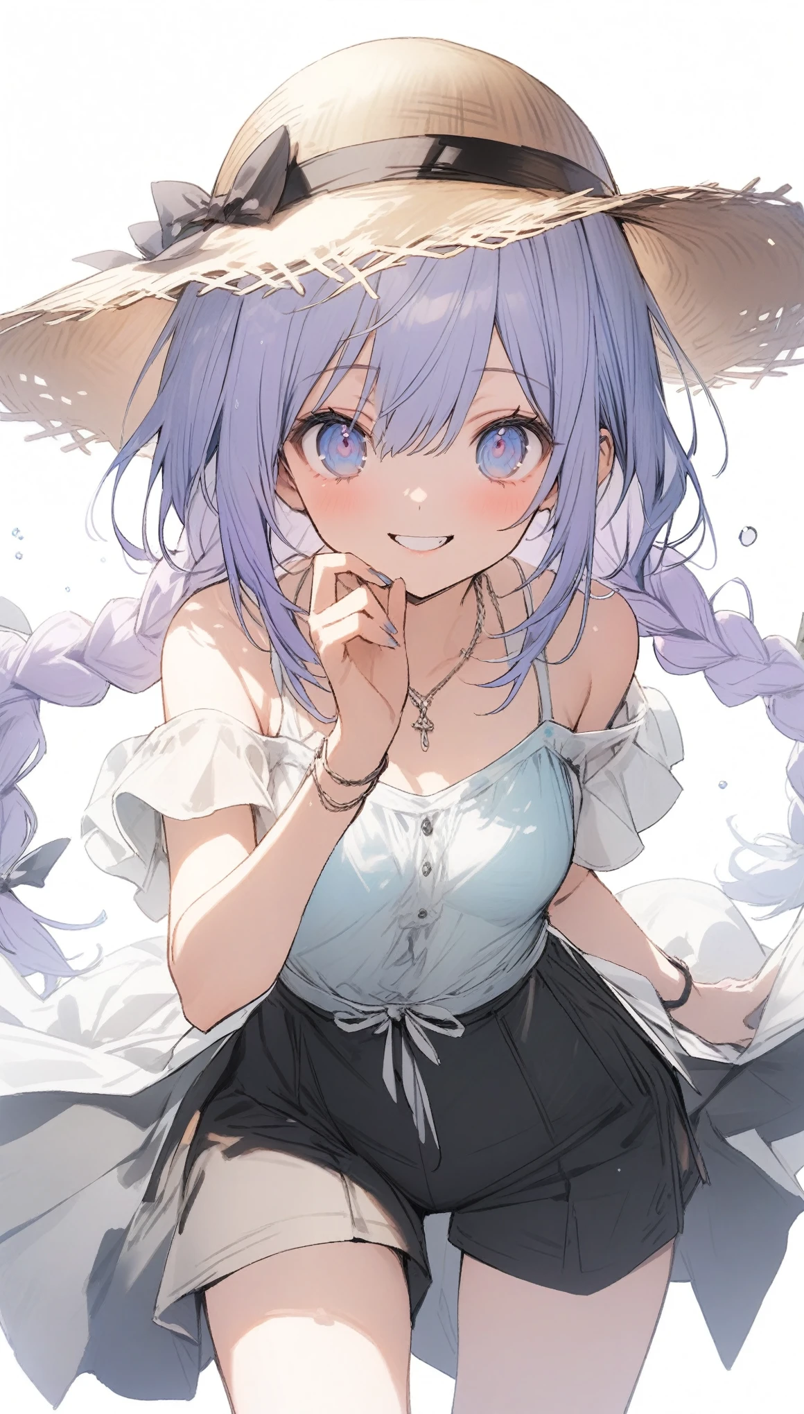 (muste piece), (best quality), (score_9, score_8_up, score_7_up), very detailed eyes, expressive eyes, perfect face, very detailed face, highly detailed face, beautiful girl, 8K, beautiful girl, white background, delicate and beautiful face and eyes, dark intense shadow, 
1 girl, vtuber style, cool girl, hololive,  Minato Aqua, streaked hair, white sundress, sleeveless dress, suspender dress, dress bow, skirt_lift, underpants, cameltoe, big chest, clavicle, shy expression, blush, (full body), straw hat, naked thighs, sandals, standing, sweating, wind blowing, from below, pov crotch,