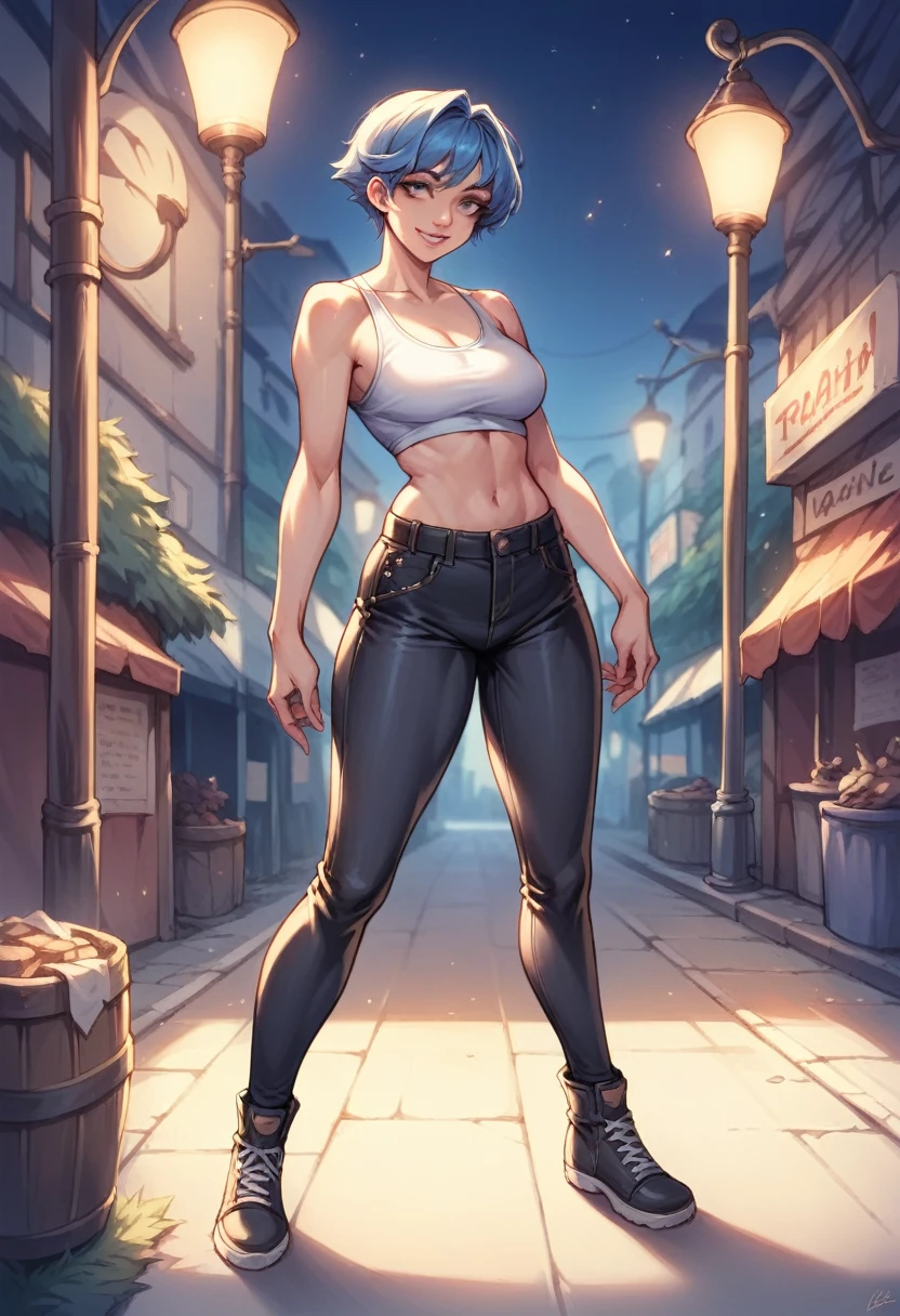 1girl, shiny skin, speedlines, perfect face, intricate details, score_9, score_8_up, score_7_up, rating_explicit, source_anime, Colored, Tomboy, dark skin, messy short hair, shiny black hair, golden yellow eyes, large breasts, Hourglass figure, Athletic body, Slim-fit body, Rural city, arm tattoo, black tank top, blue short jeans, black thong, gray socks, black sneakers, full view, standing