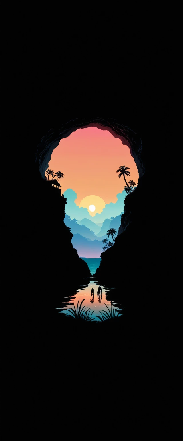 vibrant sunset, silhouettes of a layered cave, reflection in the sea, palms, Natural landscapes, dark foreground, gradient sky of phosphorescent colors , quiet atmosphere, Minimalist art style