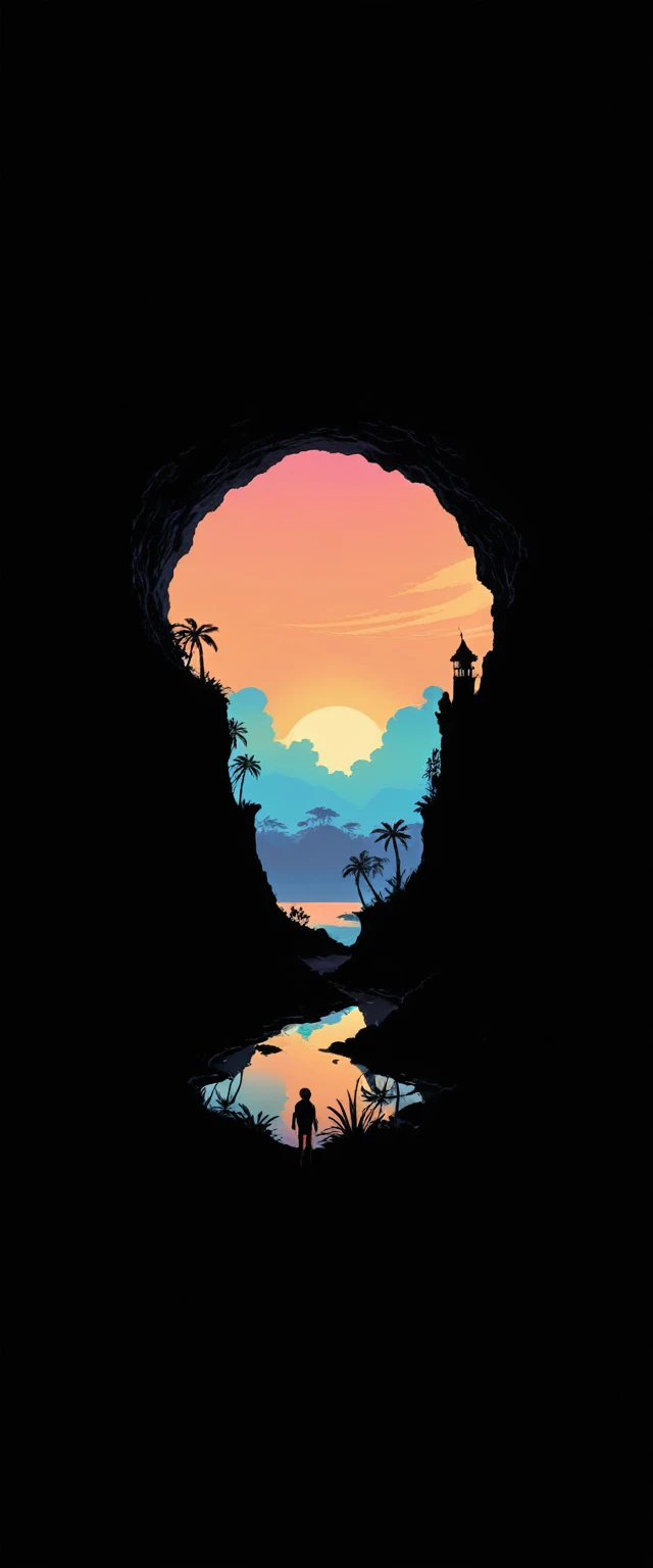 vibrant sunset, silhouettes of a layered cave, reflection in the sea, palms, Natural landscapes, dark foreground, gradient sky of phosphorescent colors , quiet atmosphere, Minimalist art style