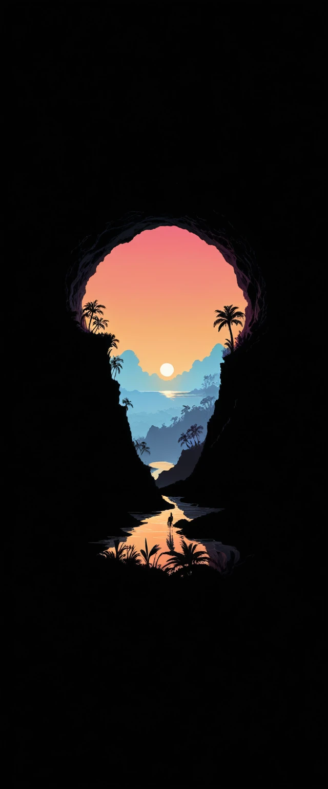 vibrant sunset, silhouettes of a layered cave, reflection in the sea, palms, Natural landscapes, dark foreground, gradient sky of phosphorescent colors , quiet atmosphere, Minimalist art style