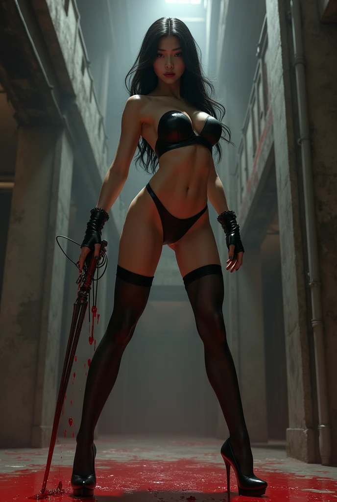(full body,sexy woman,half naked,smiling,crazy expression,big breasts,black heels,feet,blood,knife),(best quality,4k,highres:1.2),ultra-detailed,realistic,portrait,studio lighting,vivid colors,wild background,sharp focus,physically-based rendering