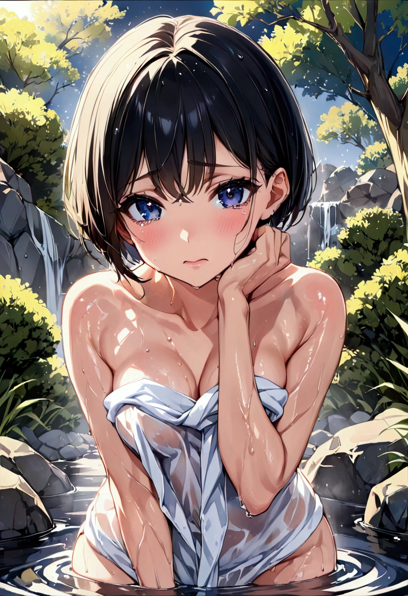 ((Top Quality)), ((Excellent)), (Details), ((Nymph)), cate, Ultra-Realistic, Stunning Environment, Bright Colors, ,((Blue Eyes)) , Black Hair, (Childish Face), ((Giddy-Smile)),(Bob Hair), (From Above) ,((extreme_close_up)), Medium Breasts, Summer, (Shorts), ((Nude)), ((topless)) , harpoon ,((bikini Sunburn mark)), ((River)), ((Wet)), ((Cumulonimbus Cloud)),Clothes are disheveled,((Water splash)), (Transparent water splashes),((Lots of bubbles)),
