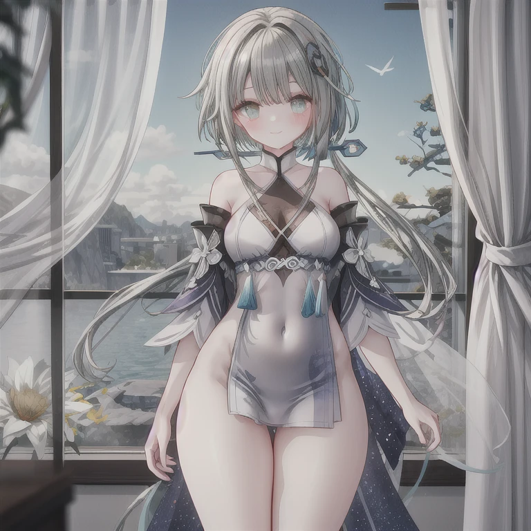 
1girl, solo, 

guizhong \(genshin impact\), multicolored hair, grey hair, blue hair, hair ornament, long hair, low ponytail, long sidelocks,
looking at viewer, smile, blush, 
infirmary, 
indoors, hospital, curtains, window, wind,    
weird atmosphere, (best quality:1.1), (masterpiece:1.2), high quality shadow, beautiful detailed, (high detailed skin, skin details), (wide_landscape, 8k), beautiful face, detailed eyes, depth of field, dramatic light, best quality, highres, best shadow, best illumination, hourglass figure thick thighs wide hips large breasts 