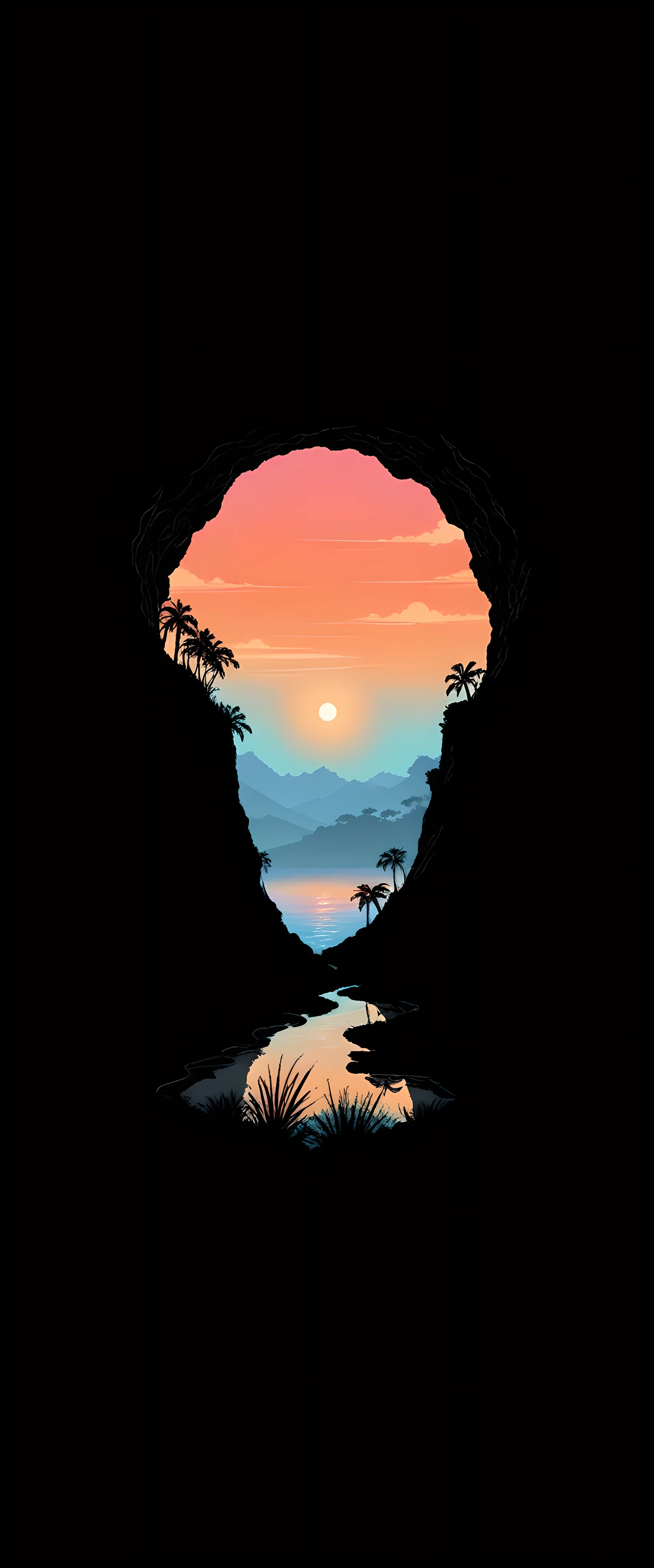 vibrant sunset, silhouettes of a layered cave, reflection in the sea, palms, Natural landscapes, dark foreground, gradient sky of phosphorescent colors , quiet atmosphere, Minimalist art style