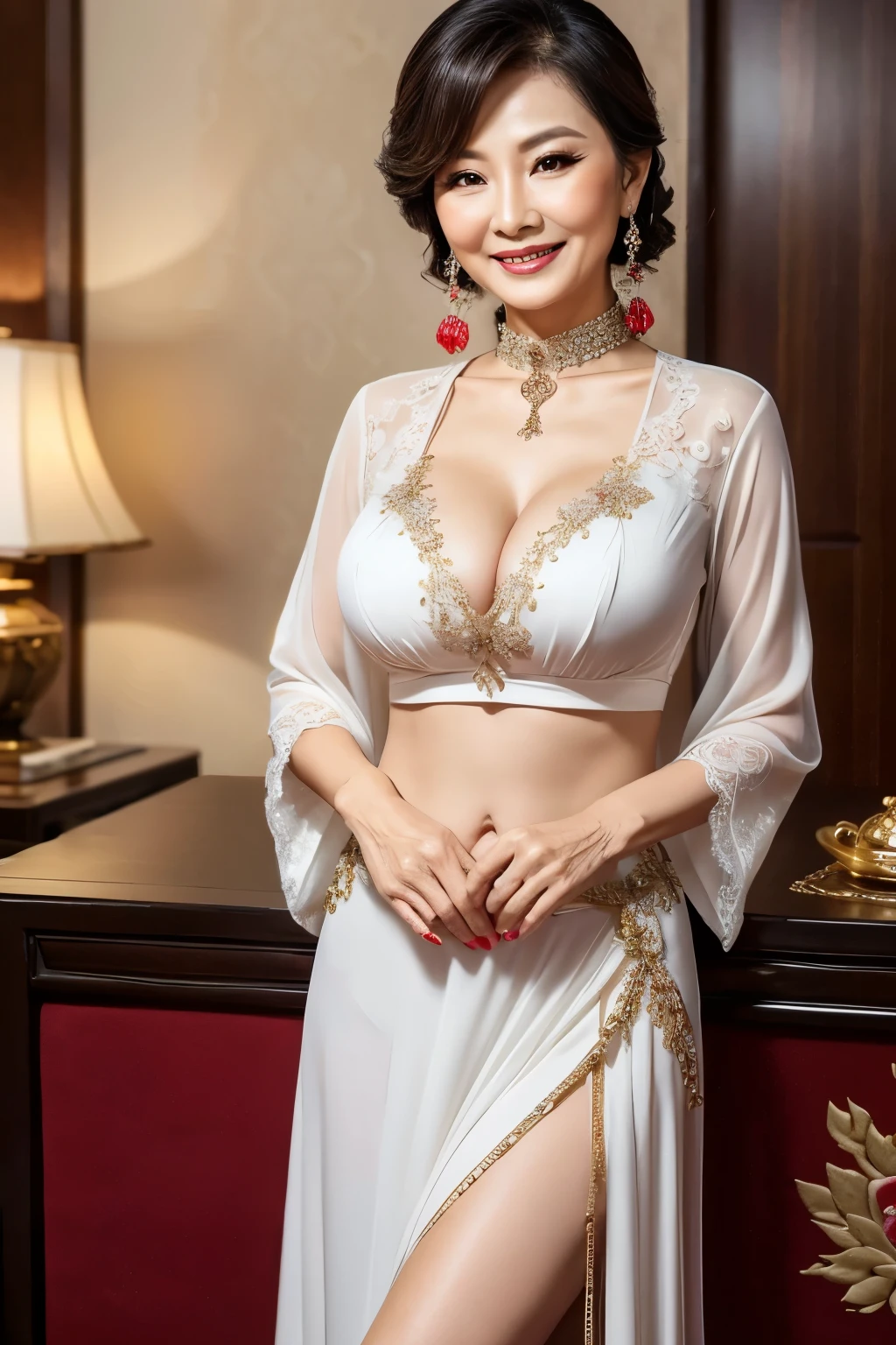 (realistic:1.3), Crazy details, quality, (Masterpiece:1.2), (photorealistic:1.2), (best quality), (Beautiful skin:1.3), (complicated details), Ray tracing, ((full body)), ((ผู้หญิง 1 person)), (((1 person))), 25 years old, short hair, smile, purple dress, patterned skirt, Contrasting colors between dresses and skirts, skirt pattern, earring, necklace, Javanese jewelry, (blurred background), photographer, Breast cleavage, ,bare chest.Nude,Show off your beauty .topless.