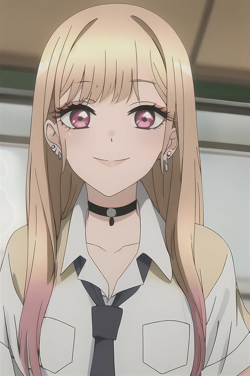 marin, 1girl, solo, long_hair, looking_at_viewer, smile, bangs, blonde_hair, shirt, red_eyes, jewelry, closed_mouth, school_uniform, collarbone, white_shirt, upper_body, multicolored_hair, earrings, necktie, choker, collared_shirt, indoors, pink_eyes, eyelashes, makeup, black_choker, parody, anime_coloring