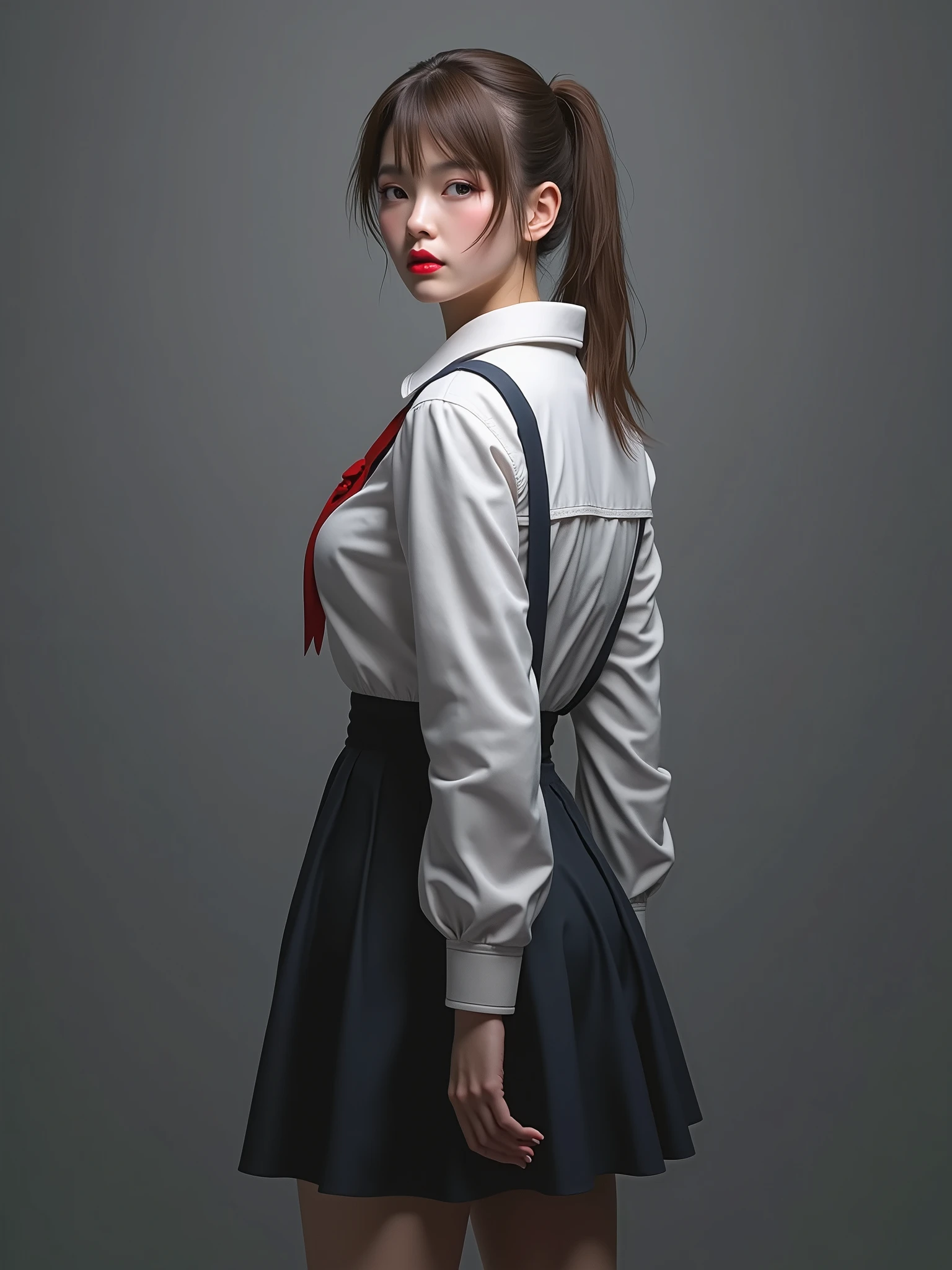 (41k4:0.7), (aika-sawaguchi:0.5), masterpiece, Best Quality, 8K, Raw photo, (wearing maid uniform:1.6), top-notch quality, masterpiece, (arms behind back:1.3), solo, (1 pretty Japanese girl), (wearing black stockings), exceptionally detailed RAW color photo, professional-grade photograph, (Realistic, Photorealistic:1.37), (highly detailed skin:1.2), Ultra-high resolution, (lens 50mm), (masterpiece, top-quality:1.3), (hyper realistic:1.35), (Photorealistic:1.45), (Realistic:1.4), (looking at viewer:1.4), (facing viewer:1.4), 1 beautiful girl, 18 years old, Japanese idol, supermodel, pale skin, (slim:1.3), (slim body:1.25), (slender body:1.25), (narrow waist:1.25), pretty face, (large breasts:1.15), (deep cleavage), gravure idol