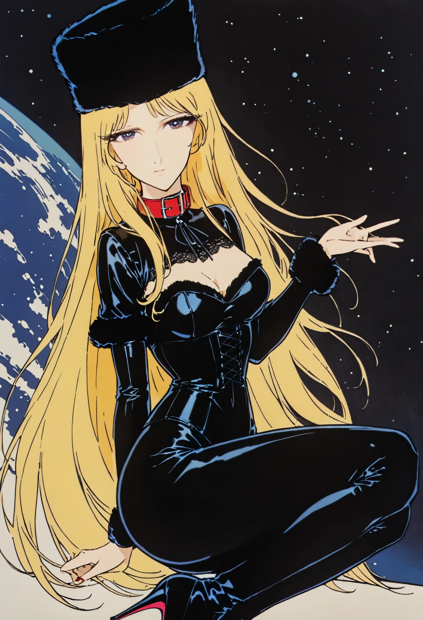 (((Yankee sitting:1.4)))、(((open legs:1.4)))、(((Squatting with legs wide apart:1.4)))、(((Squat with your legs spread in an M-shape:1.4 )))、BDSM、Queen、mistress、(((One Girl)))、(((alone:1.8)))、(((Black latex elbow gloves:1.4 )))、(((black latex corset dress:1.4)))、(((Beautiful lace corset dress.)))、(((corset dress with shoulder straps)))、(((black latex tight miniskirt:1.4)))、(((Black thigh-high boots)))、(((Black rubber tights:1.2 )))、(((Stiletto Heel Boots:1.4)))、(((Black latex panties)))、(((black latex bra)))、(((Red leather collar)))、(((Sexy pose:1.4 )))、Wide-legged:1.2、(((erotic)))、(((Cowboy Shot)))、close、Beautiful, smooth skin、Anatomically perfectly balanced body、Two arms with perfect anatomy、Two legs with perfect anatomy、(Perfect 4 fingers and 1 thumb)、Maetel, Retro Style, 1980s, Flat Color, PDXL, Highest quality, Great quality, Score 9, One Girl, Black clothes, space, Flowing Hair, Reaching out, Fur hat, Face the front and look at the viewer、looking at the camera、