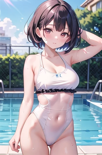 Swimwearを着た二人の女性がNext to the poolに立っている, wet Swimwear, is wearing a Swimwear, Swimwear, Next to the pool, Wearing a leotard, Alena Aenami and Lilia Alvarado, Ayami Kojima and Ryde Caldwell, Ilya Kuvshinov. 4k yen, Cute girl in a tank top, Swimwear, Two beautiful anime girls,Large Breasts