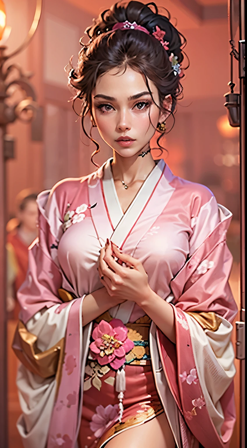 a beautiful young woman in a pink kimono, onyx beaded jewelry, detailed facial features, long elegant legs, elegant pose, photorealistic, 8k, masterpiece, vibrant colors, natural lighting, high fashion, cinematic, editorial style