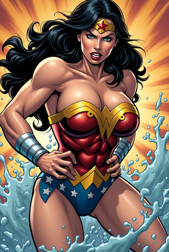 ((Wonder Woman)), DCAU, (giant breast:1.3) , (Slim ABS plastic:1.2), Gray military uniform, smirk, Detailed, Slim waist, Masterpiece, Thick legs, Athletic body , ((giant breast:1.8)) ((rim light:1.6)), ((Character Sheet)), standing straight, ((covered breasts:1.3))