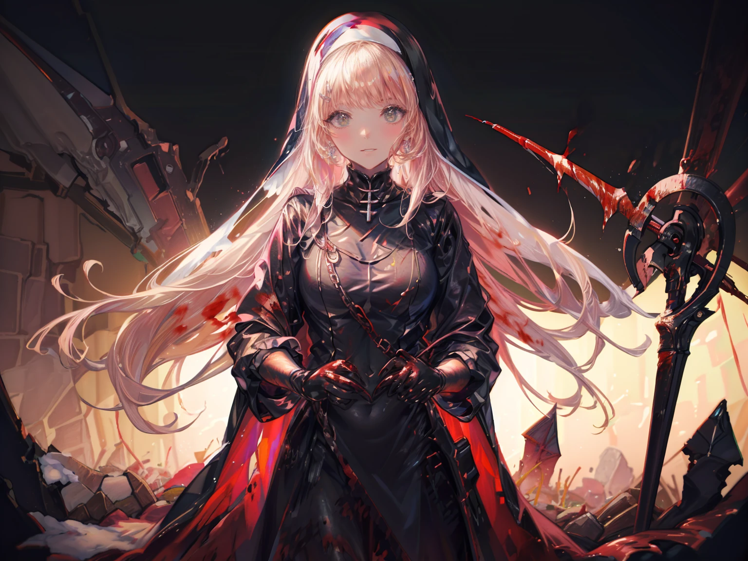 The Murderous Nun、shaded face　、Holding a weapon、Looking at the viewers with a frightening expression、beautiful girl、とてもcute天使、Pink Gothic Fashion、cute、、smile、Long skirt、Black long boots、.(Highest quality,4K,High resolution,masterpiece:1.2),Very detailed,Realistic:1.37,Spooky altar background,Dark fantasy,Red color scheme,Ominous atmosphere,Eye-catching,Storytelling,anatomy,Anime Style,Concept Art,beautiful細部までこだわった顔と (((Red eyes ))),A terrifying ritual ,Satanic Ritual,Premature death,inappropriate behavior,クレイジーなsmile,Scythe Face,Girl Monster, beautiful, Delicate facial features, Sharp Eye, Sharp Fangs, pale skin, Dark Background, Cinema Lighting, Dramatic Shadows, Gothic style, Gloomy atmosphere, Dark fantasy, one person&#39;s, Please open your mouth wide, Open your mouth and baring your teeth,Sharp teeth like a beast, Wide lips, very wide mouth, Vermilion cheeks, ,(Blood splatter:1.4),Scary smile, smile,Angel Design, Twisted smile、Bloody、bleeding from the head,,,,,、Blood splatter、,(Blood splatter:1.4),skull,Demon Spear,Horror Style, ((Fantasy Sweet Ta Frill Pink Costume)), ((Flowing blonde hair)), ,(Blood splatter:1.4),Female curves, Sexy flat stomach, Perfect hands, Perfect anime face, (Pink Tata Dress)), Are standing, ((邪悪なsmile)), ,(Blood splatter:1.4), Steam circulates,  (Blood splatter:1.6),アニメAngel Design, Twisted smile、Bloody、bleeding from the head,,,,,、Blood splatter、,(Blood splatter:1.4), skull,Gothic architecture、Western architecture、Fantasy World、,Victorian cities, Skeleton Gas Light,Absurd, High resolution、 ((Tabletop)), ((Highest quality)), (Very detailedな), ((Very detailed)), (beautiful), ((cute)), (NFSW:1.8), alone,(:1.6)、(world&#39;The most terrifying and creepy demon girl:1.5)beautiful face、Whole Body Ezbian、pale, beautiful肌、beautiful金の髪、優しくsmileむ、Dark building ruins、(snow white&#39;Frill dress:1.3)、(The dark ruins are stained with blood:1.3)、Low angle full body shot、(少女は血の海の中にAre standing:1.5)、(The ground is full of blood:1.3)、(The girl lost a lot of blood....:1.3)、(クレイジーなsmile:1.6)、Spirits、(Blood dripping from the mouth:1.3)、
