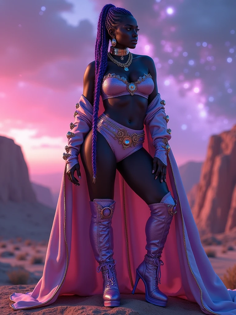 Black girl with long black braids in a pink colored universe above pink colored earth wearing an iron bikini with a shiny grey iron skirt covering the whole body with long purple sleeves and purple boots pointing up with purple glasses