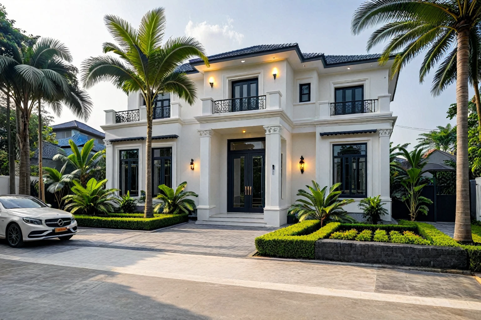 (masterpiece:1.2), best quality, photo of A two-story modern house in VietNam with white walls and dark tiles on the roof., tree and plant environment,daylight, streetcapes, natural light, vivid color, The exterior of an elegant single family home features large windows, a dark gray door frame.