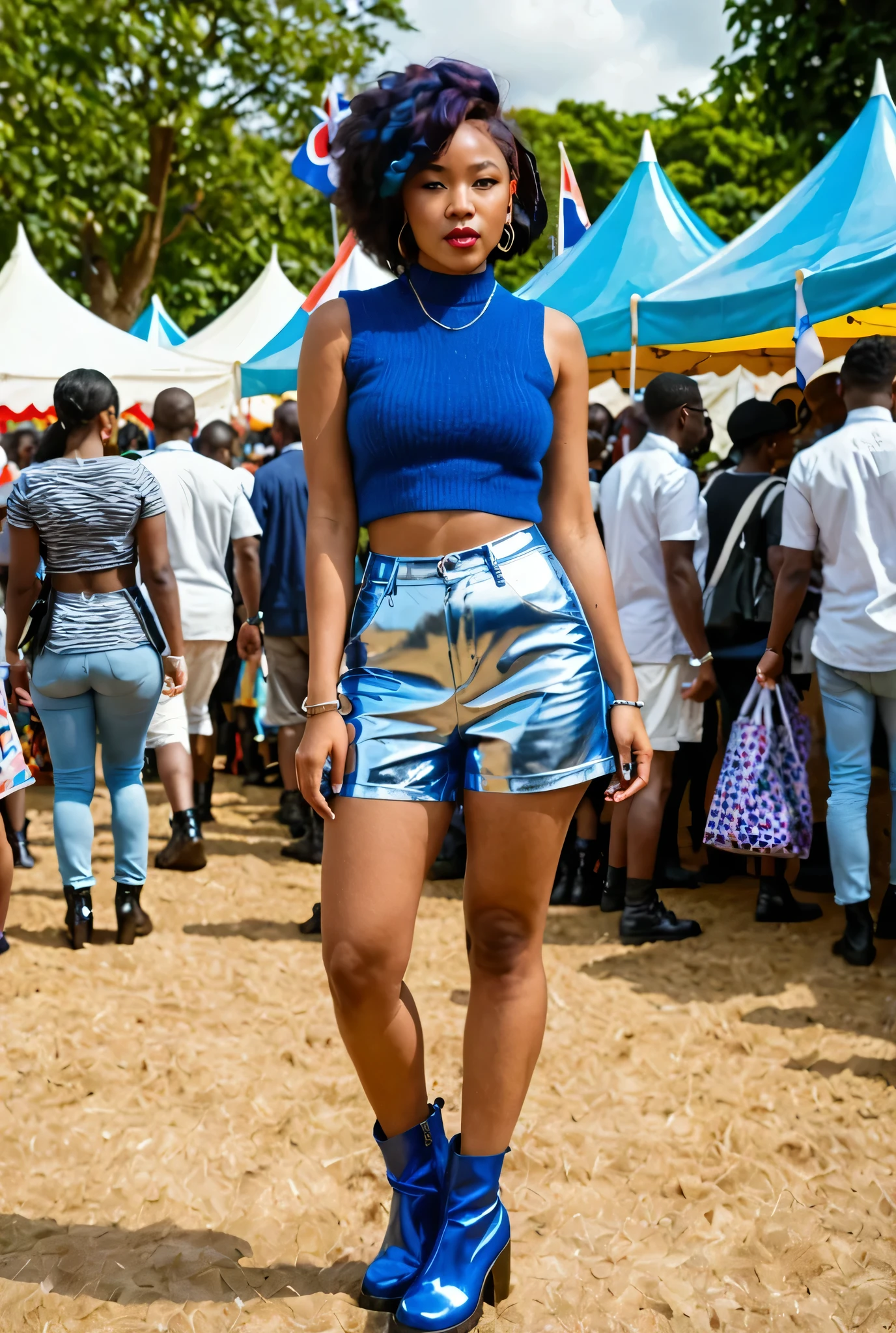 Mixed race woman's hair, Nigerian Korean, hair dyed blue, hair loose braids, at a festival