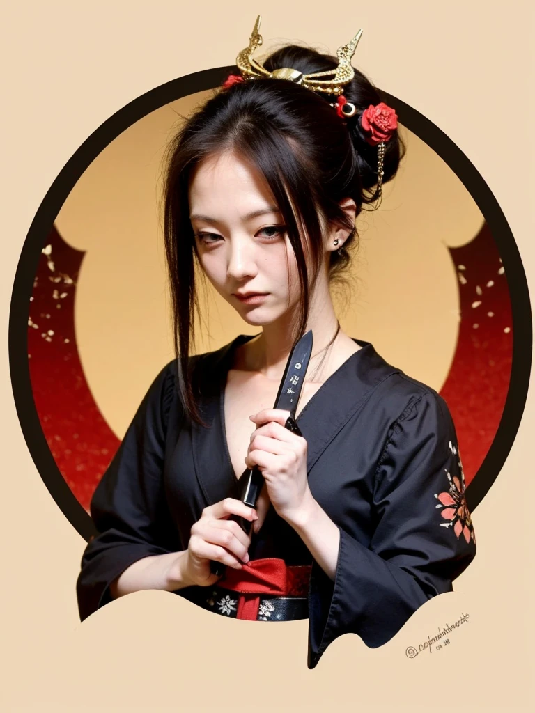 Professional drawing with colored pencils. Geisha with heavy tattoos, With a strange look、With a big knife in his hand. Japan and European style. Moderate nuance color, Contrasting colors. Doodle and Vector Art. ((Highest quality))
