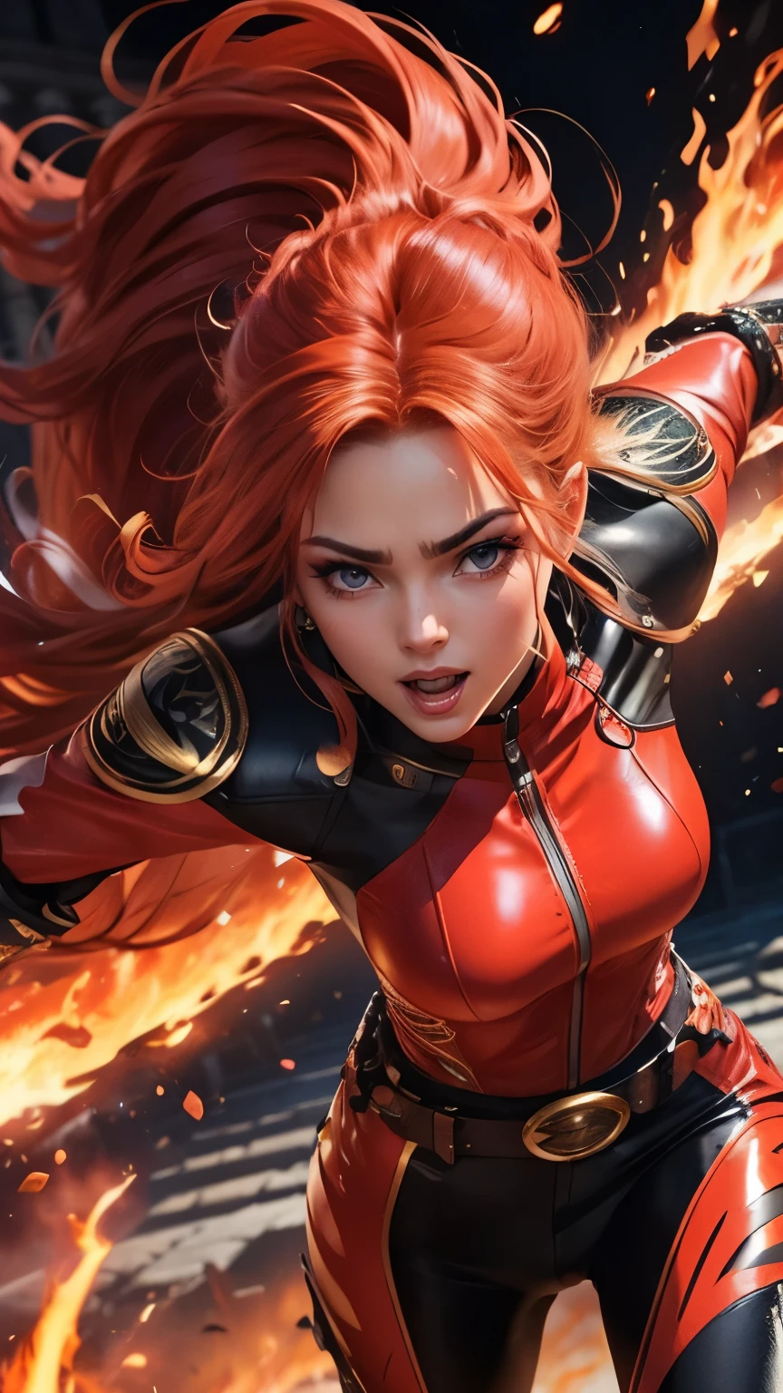 Fire hair, flashy leather belt with a large buckle, 2.5D realistic, flaming long hair, burning red eyes, golden eyebrows, bright red lipstick, cool facial expression, wearing a rider suit with flashy black and red stitching, turning around gracefully, in the Coliseum, background blur, dynamic movement