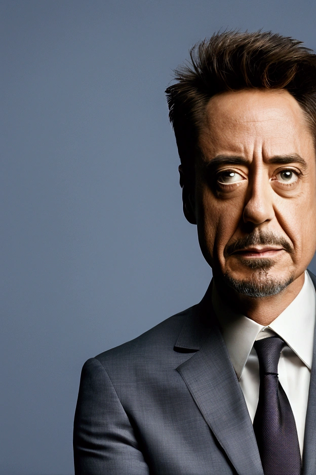 Portrait of Tony Stark,  with suit and tie, sitting on a chair with hands on thighs, looking ahead, detailed, 4k, 8k, 