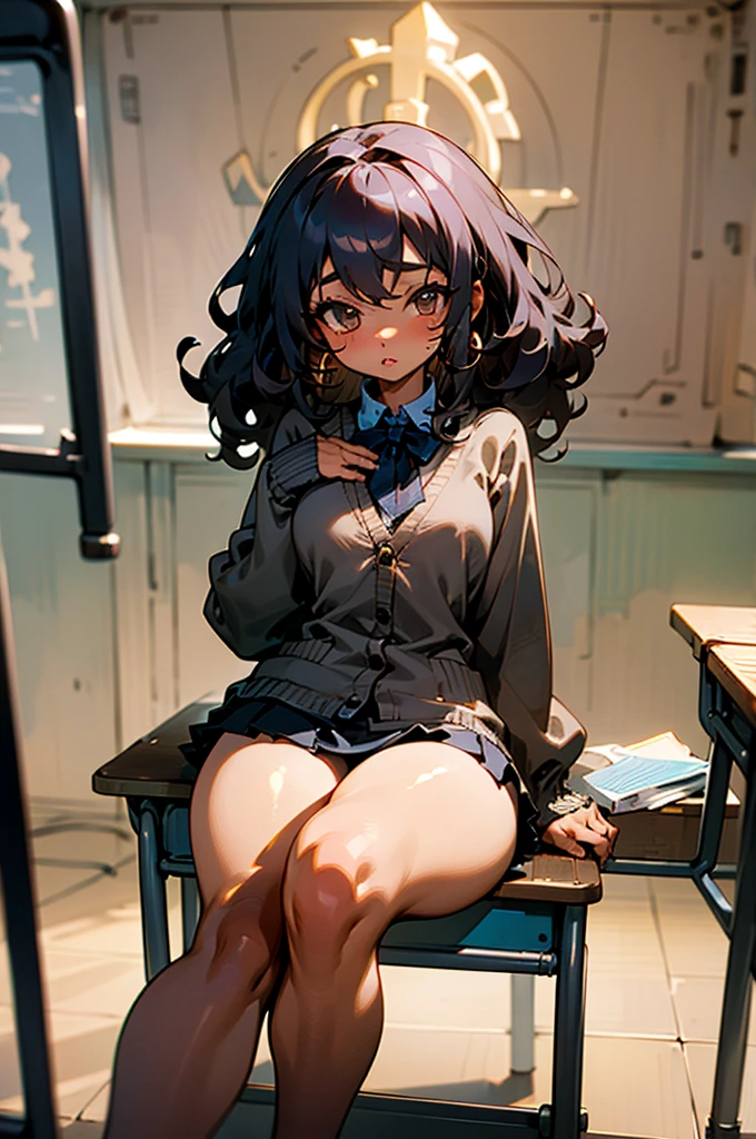 cute girl, black skin, afro, hourglass body, thick lips, thick thighs, wide hips, leg warmers, sitting on school bench, classroom, curly hair, cardigan, micro miniskirt, earrings