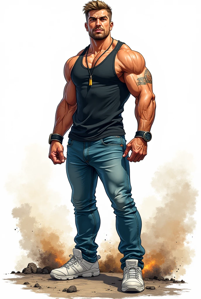 drawning, bright coloured, naughty man, 3, 70 kilos, short stature, stark, Seriously, light brown, baldie,  Black cap, white tank top, blue jeans, Brown Shoe, goatee, apocalypse survivor, Action scene, , white background, fully body 