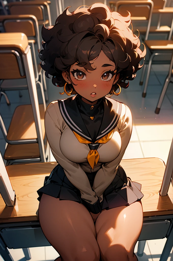 cute girl, black skin, afro, hourglass body, thick lips, thick thighs, wide hips, sitting on school bench, classroom, curly hair, cardigan, micro miniskirt, earrings, from above, short hair