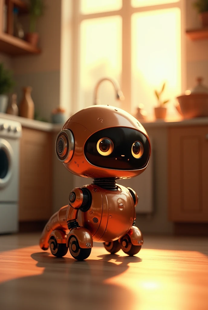 a small cute retro robot, copper body, caterpillar feet, in a normal household kitchen, sunset light through the window, cinematic lighting, 8k, highres, masterpiece, intricate details, photorealistic, warm tones, glowing warm lighting