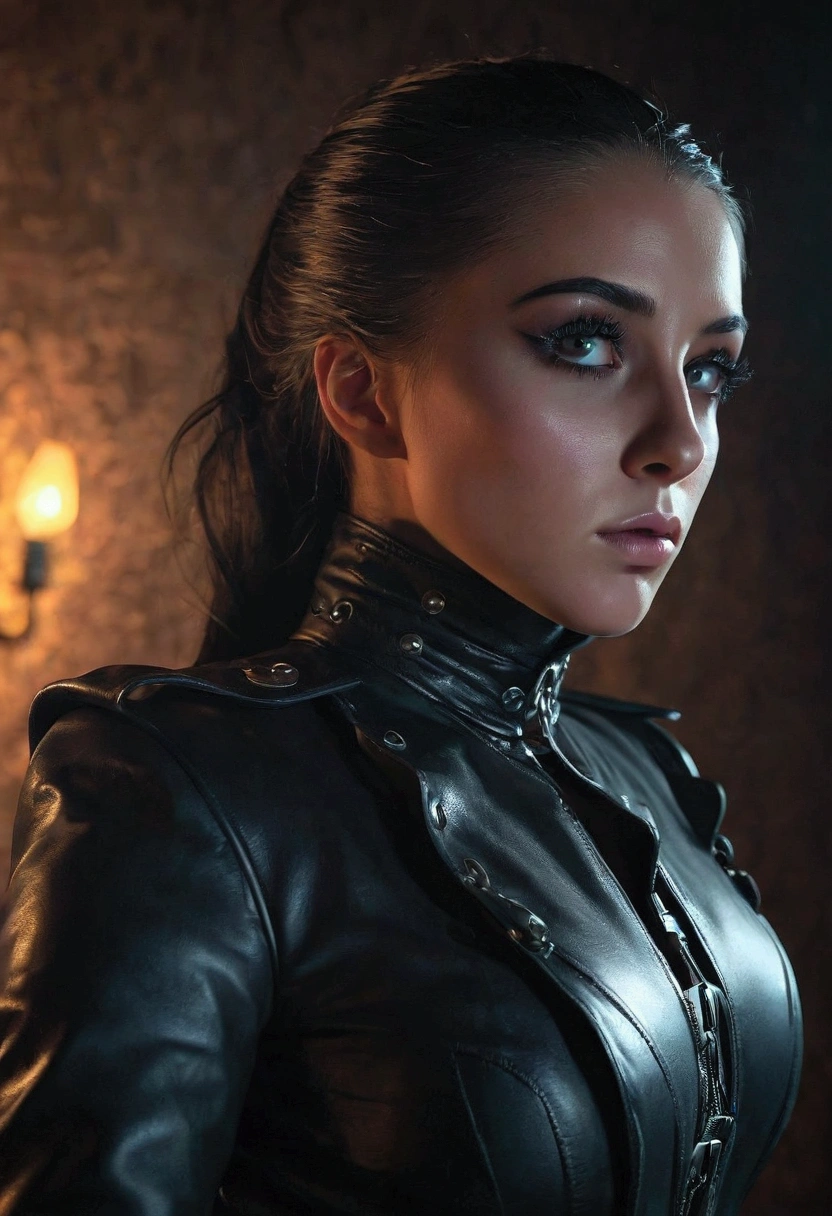 a busty female assassin, detailed face, beautiful eyes, long eyelashes, detailed lips, detailed facial features, intricate leather outfit, dark dramatic lighting, cinematic composition, moody atmosphere, dramatic lighting, dramatic shadows, muted color palette, digital art, concept art, hyper detailed, 8k, high quality, masterpiece