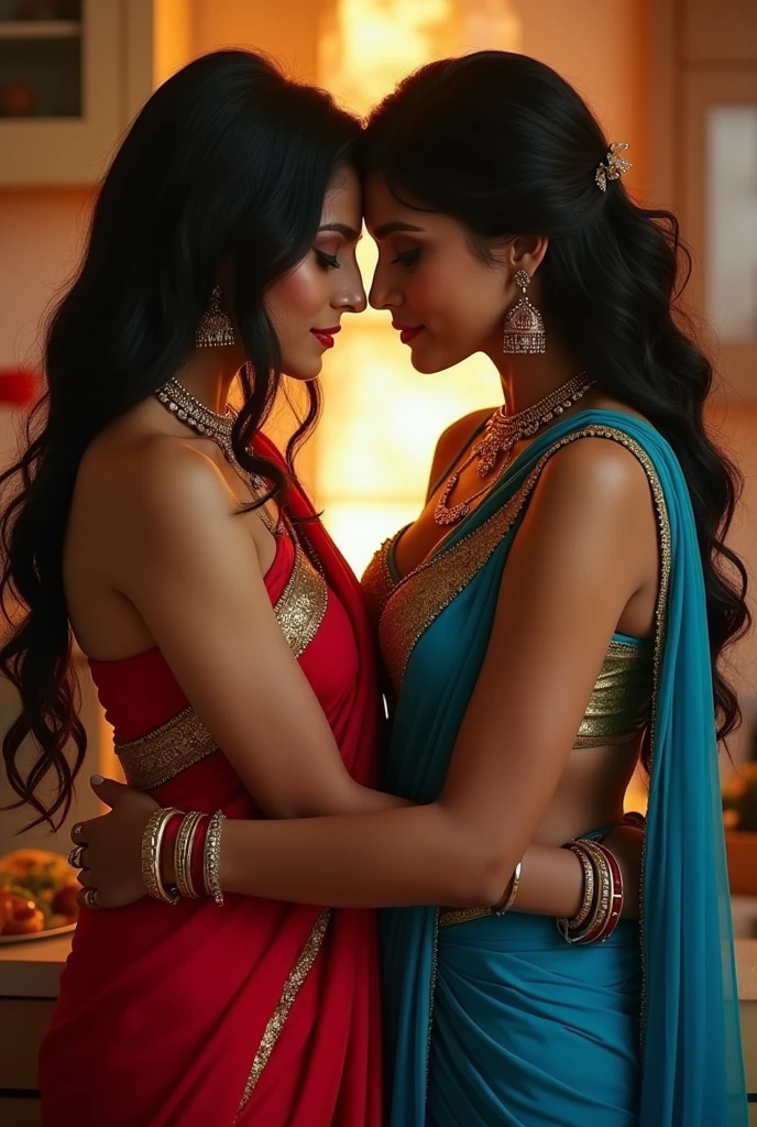 Two young wives of the same man, one in red silk saree with deep neck blouse and another in green saree with deep neck blouse fight in bedroom. Both standing face to face .Both the women with angry face. Both arguing for husband. They hate each other. Both need the same man and they are not ready to give up the fight