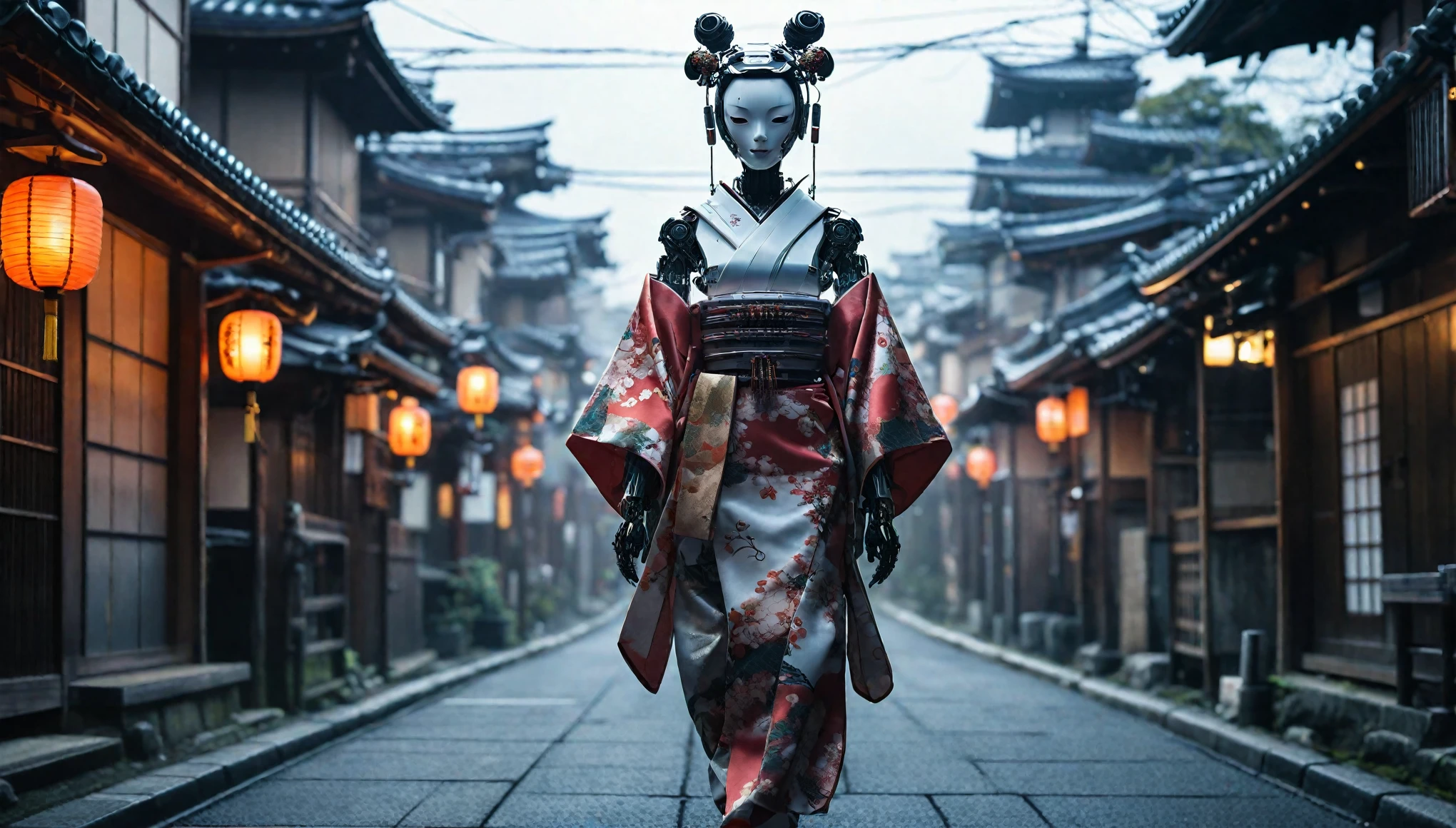 Creating an image of a female android in a beautiful kimono walking through the streets of Kyoto. The style is terrible, and the fusion of humans and robots has a mysterious and creepy atmosphere amidst the beauty. In the background is an old Japanese cityscape. It has a long neck made of machines and wears a mask. Imagine a strange and eerie picture - Ar 9:16.
creepy atmosphere, fusion, horror, Japanese cityscape, long neck, robots, v 6