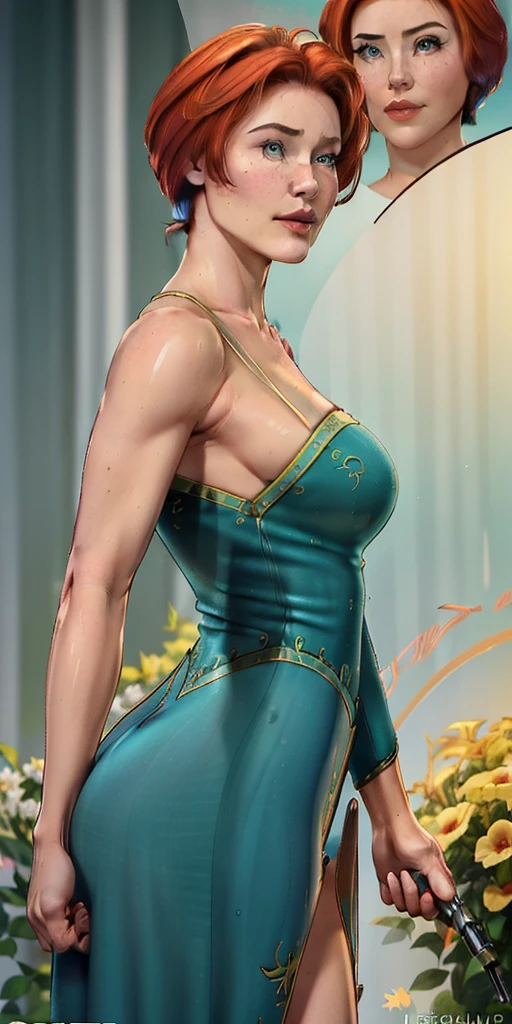 (best quality, ultra-detailed, photorealistic: 1.39), bright and vibrant colors, studio lighting, romantic expression, short red dress, undercut platinum bobcut  blonde hair, big breasts, fit, muscular, short hair, mercenary,from knees up,all side views,fat ass