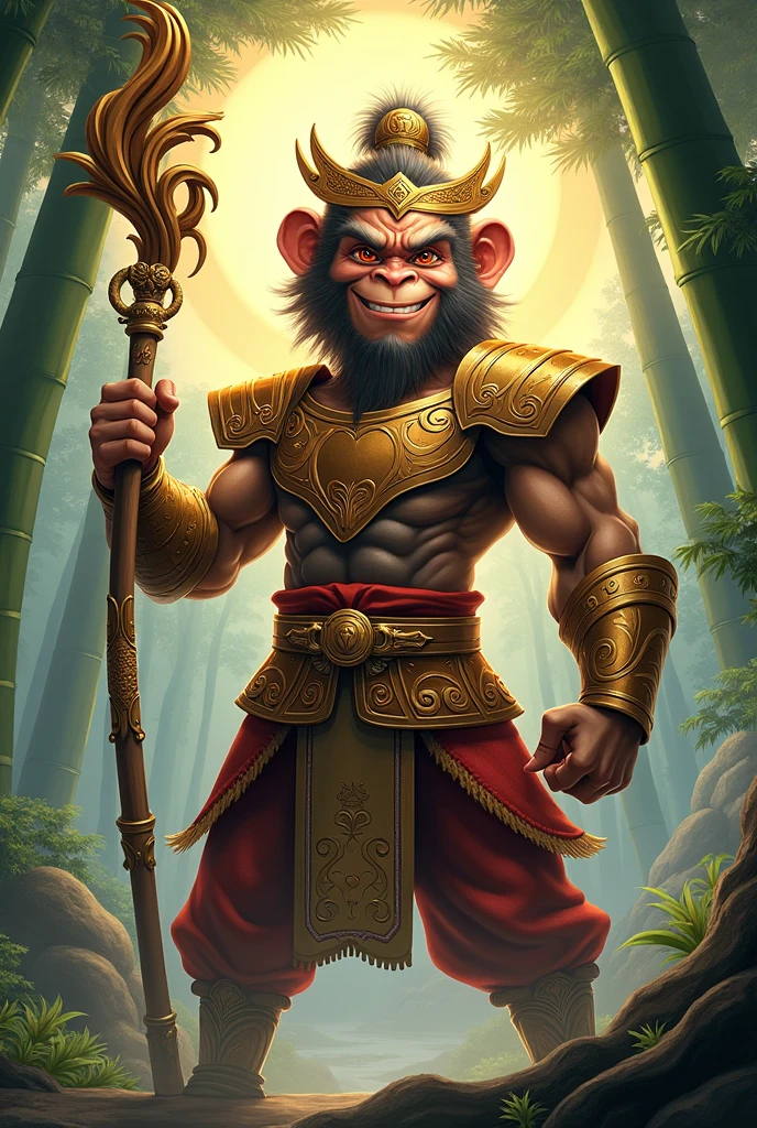 Monkey king with a mighty staff, showcasing his magical powers.