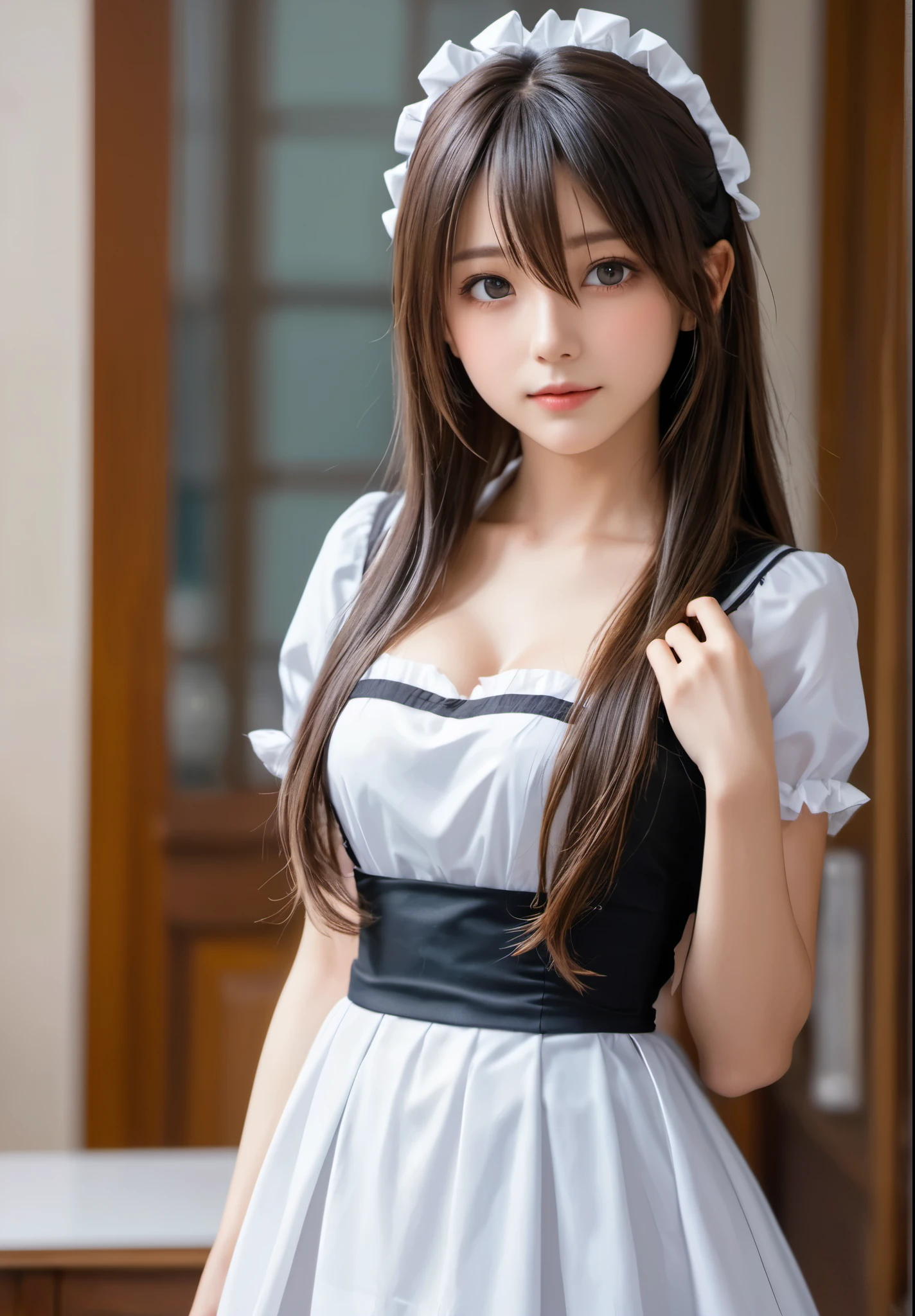 photograph, disorganized, High resolution, super detailed, maid girl,:d、((Long straight hair_Hair reaching down to the waist:1.3))