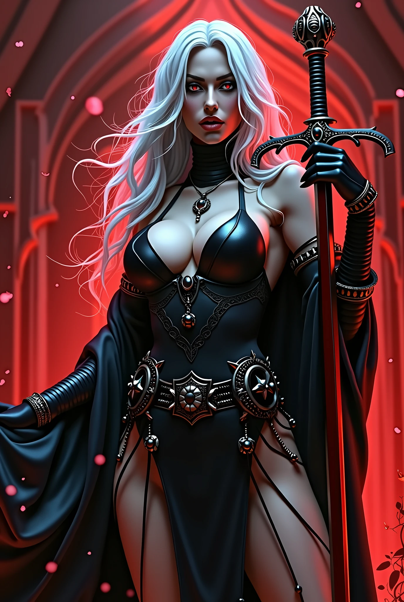 4k, MULHER SEXY, corpo musculoso, cabelo branco, Black metal armor, segurando foice