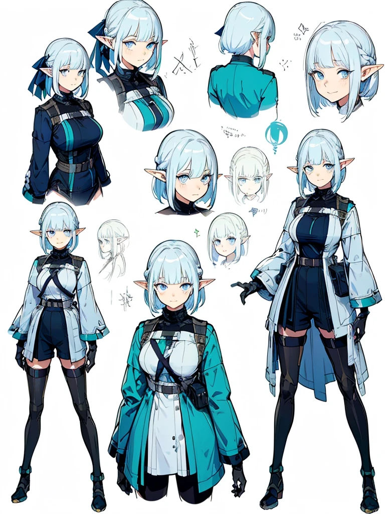 Pointed Ears、Elf、blue eyes、Green casual clothing、Long eyelashes、Silver braided short hair、　sketch (Character design sheet, same characters, whole body, Three-View, front, ~ ~ ~ ~ side, return) 1 female, Nervous,Cowboy Shot,,(Very bright:1.1), White Background, [1 girl:7], (Tilt your head:1.2)