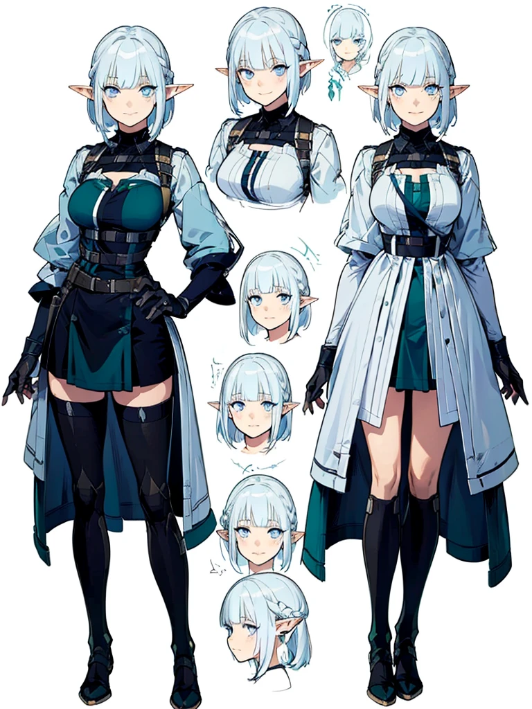 Pointed Ears、Elf、blue eyes、Green casual clothing、Long eyelashes、Silver braided short hair、　sketch (Character design sheet, same characters, whole body, Three-View, front, ~ ~ ~ ~ side, return) 1 female, Nervous,Cowboy Shot,,(Very bright:1.1), White Background, [1 girl:7], (Tilt your head:1.2)