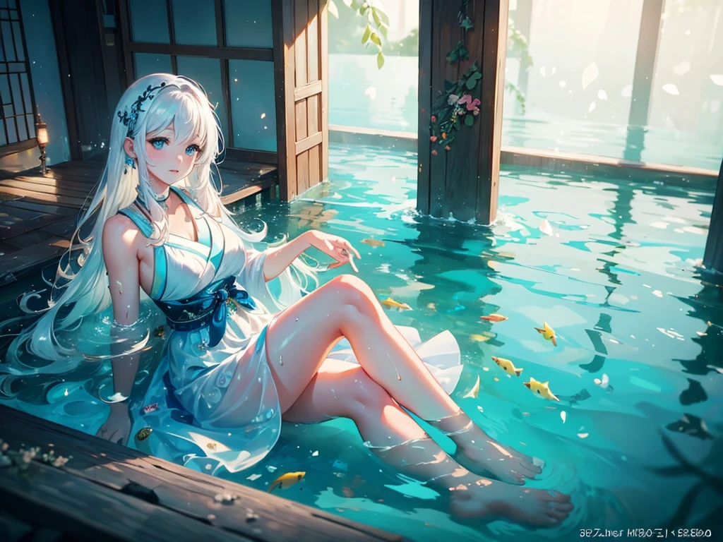 a beautiful detailed girl in a submerged underwater house, japanese house, playing with colorful fish, simple dress, full body shot, White hair, serene underwater scene, beautiful shimmering light, delicate water effects, realistic lighting, photorealistic, cinematic composition, dreamlike, (best quality,8k,highres,masterpiece:1.2),ultra-detailed,(realistic,photorealistic,photo-realistic:1.37)