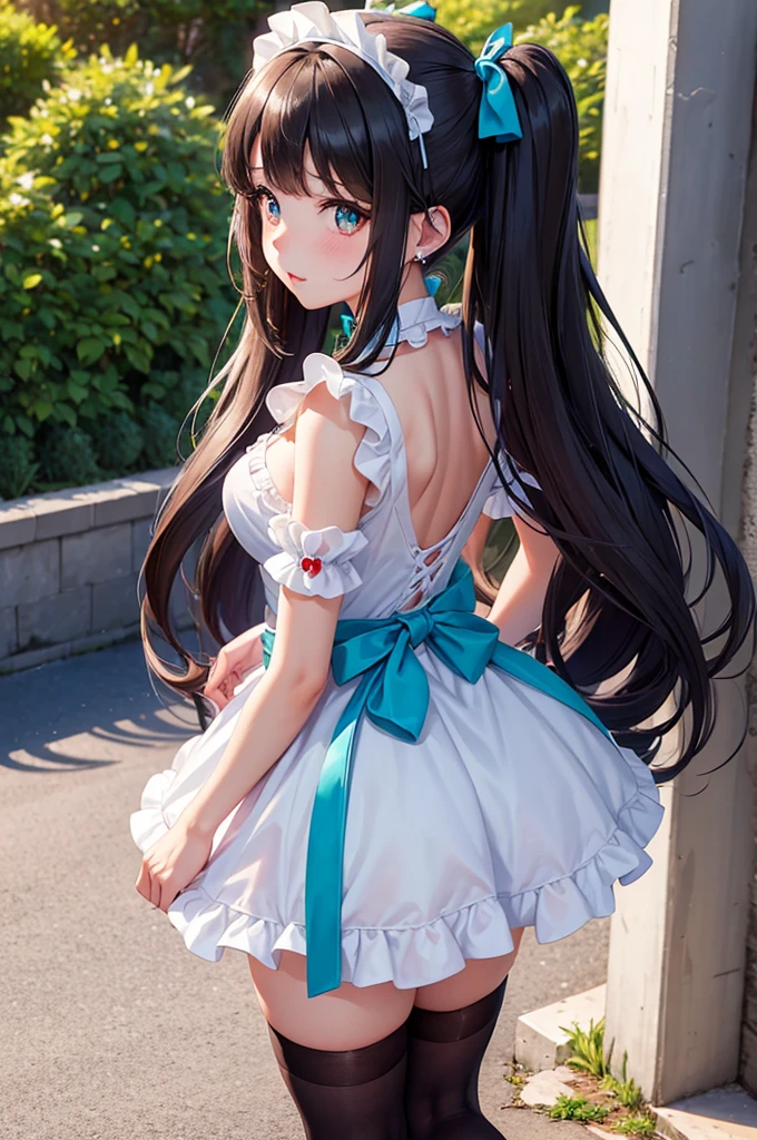 (beautiful elegant white panties), (looking back at the viewer),♥(sexy mini dress red gothic lolita costume),((1girl,cute,young,semi long beautiful black hair, blunt bangs ,pony tale, beautiful blue eyes)),(solo),((masterpiece, highest resolution, best quality)), (beautiful illustration),( gothic lolita costume),(looking back at the viewer), innocent smile, cinematic lighting, , big city, flowers, buildings, blue sky