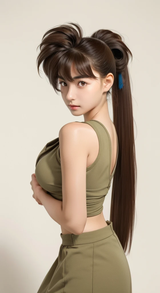 solo, a teenage japanese girl, brown hair, pony tail, olive skin, slant eyes, brown eyes, serious expression, big breasts, from front, looking at viewer,