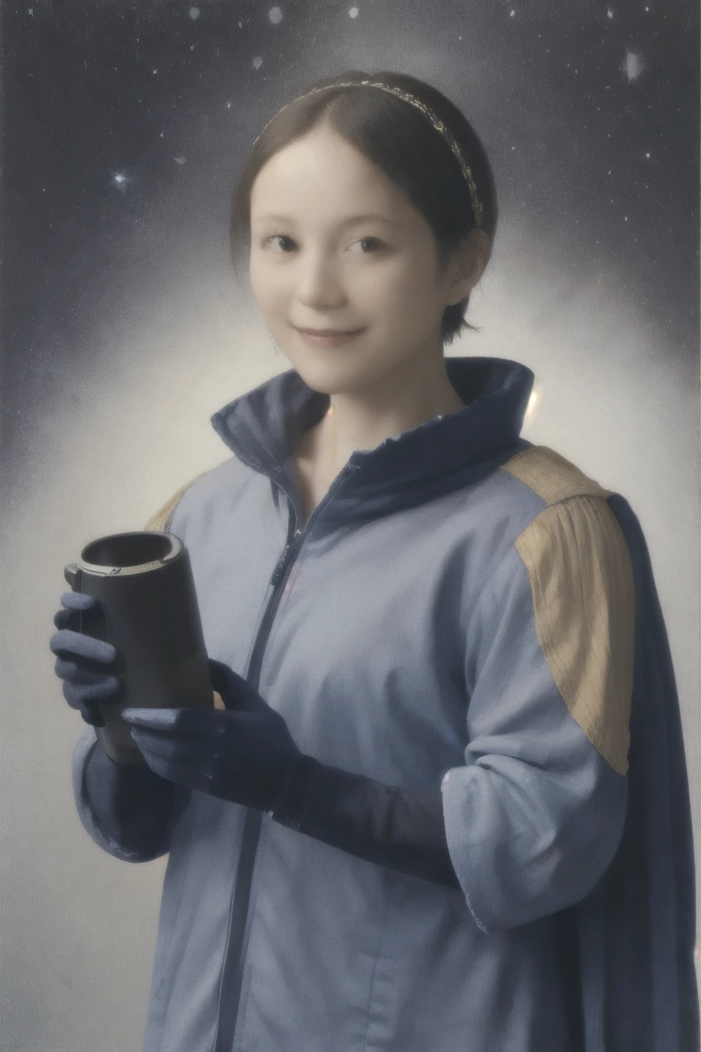 279 (20-year-old woman,short hair) , flower, Futuristic clothing, machinery suit, (The background is a galaxy and nebula), Old-fashioned smile