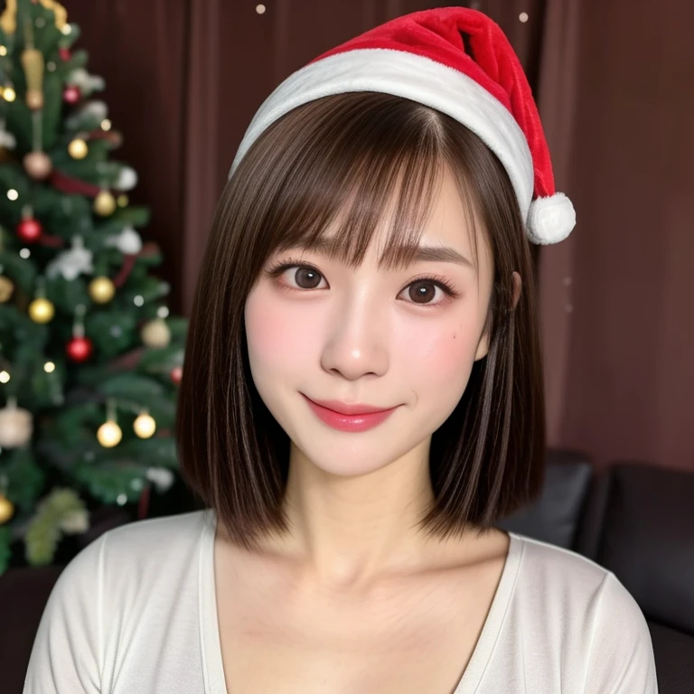 (kawaii 24 year-old Japanese girl, Nogizaka idol, Korean idol), healthy female athlete body, (glossy brown hair, short hair, pixie cut, bangs:1.3), (rounded face, beautiful black eyes, single eyelid, no makeup:1.2), (looking at viewer, soft smiling), (wearing Santa's hat, long sleeved Santa's outfit, Santa cosplay:1.3), BREAK, (lodge livingroom background, christmas tree on back:1.3), (dynamic angle, bust shot:1.3),  BREAK, (masterpiece, best quality, photo realistic, official art:1.4), (UHD, 8K quality wallpaper, high resolution, raw photo, golden ratio:1.3), (shiny skin), professional lighting, physically based rendering, award winning, (highly detailed skin, extremely detailed face and eyes, anatomically correct), Carl Zeiss 85 mm F/1.4, depth of field, 1girl, solo,