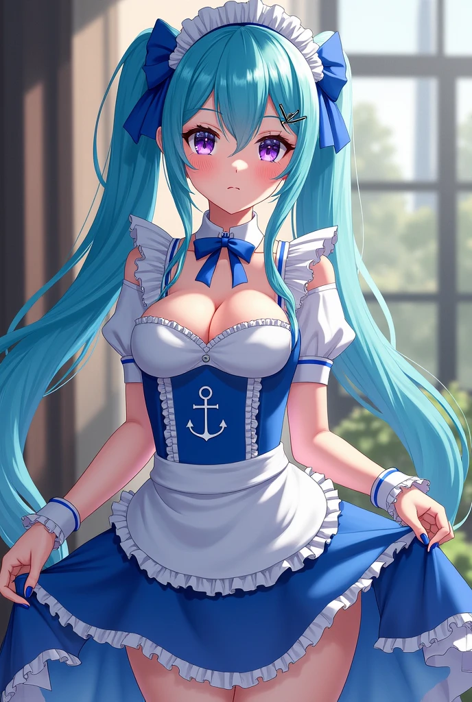 League of legends character Sona, long blue hair, pigtails, sexy, maid hat, maid apron, sexy underwear, big boob, Big chest, alluring look, blushing, somewhere in nature, outside, topview