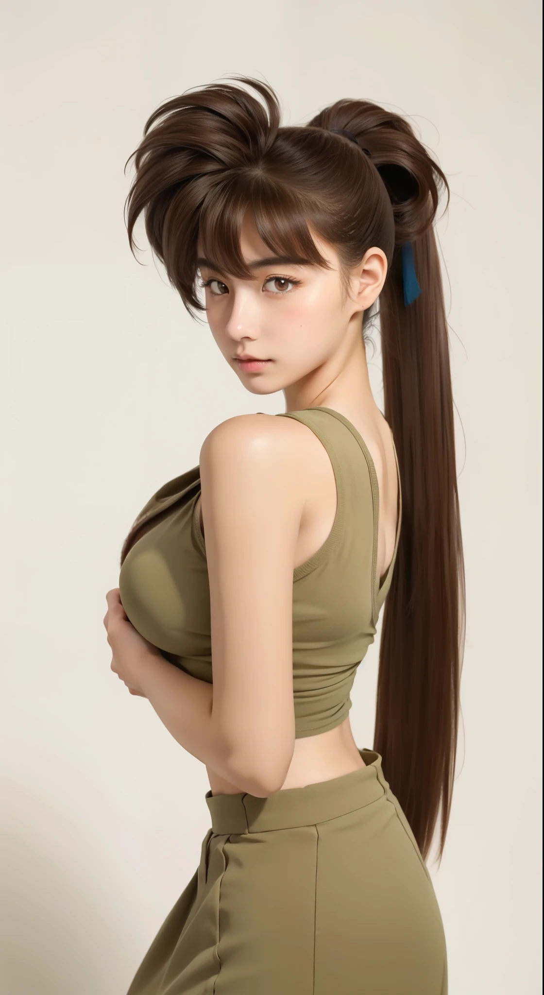 solo, a teenage japanese girl, brown hair, pony tail, olive skin, slant eyes, brown eyes, serious expression, big breasts, from front, looking at viewer,