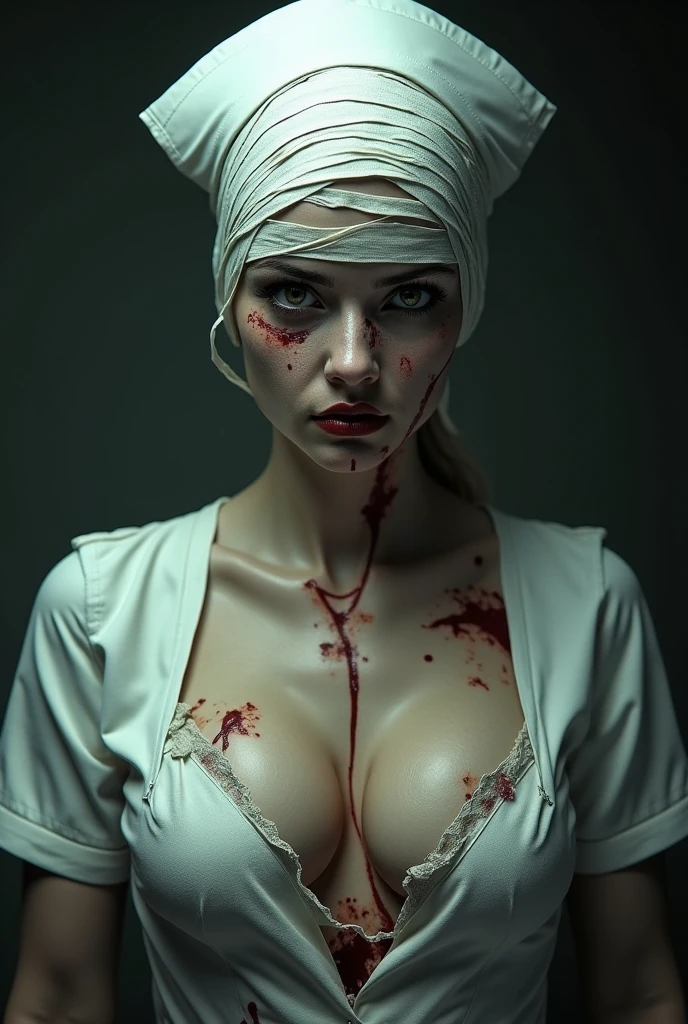 ((top quality, 8 thousand, masterpiece:1.3)) Two Korean women in their 60s, Pale and white skin, Tangled black hair, Blood, severe dark circles, Bloodstained white nurse uniform, black lips, Corruption, Fog, dim lighting, nurse, abandoned hospital, (big bust : 0.3), (thick thighs: 0.4), slim figure, skinny elder woman, wreckles